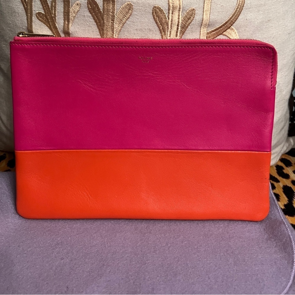 CELINE Clutch Hot Pink & Orange Color Blocking Soft Leather Pochette - Picture 4 of 13